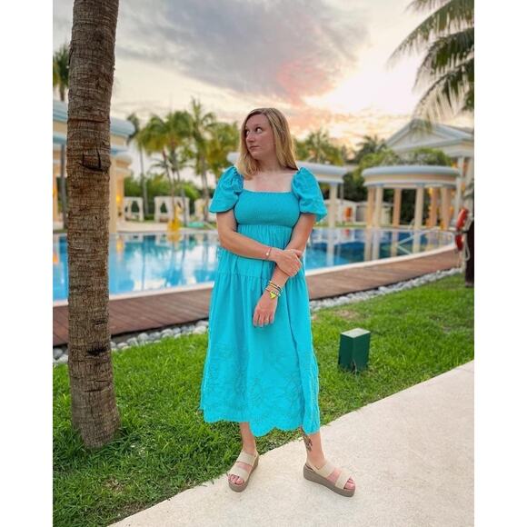 LINE & DOT Bright Blue A-Line Off Shoulder Lace Cutout Midi Dress Size XS - Picture 4 of 13